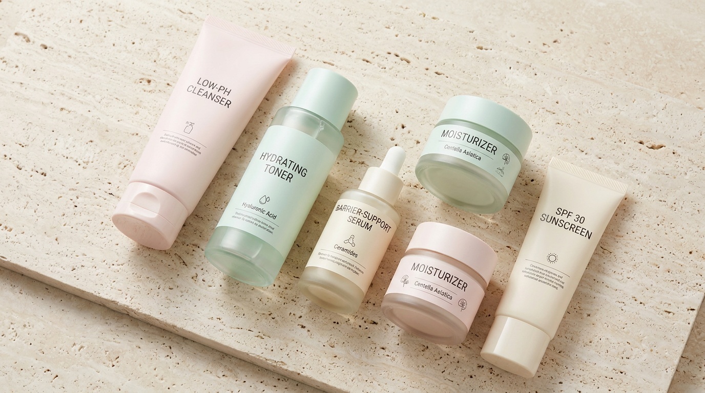 Flatlay of beginner Korean skincare products including cleanser, toner, serum, moisturizer, and sunscreen