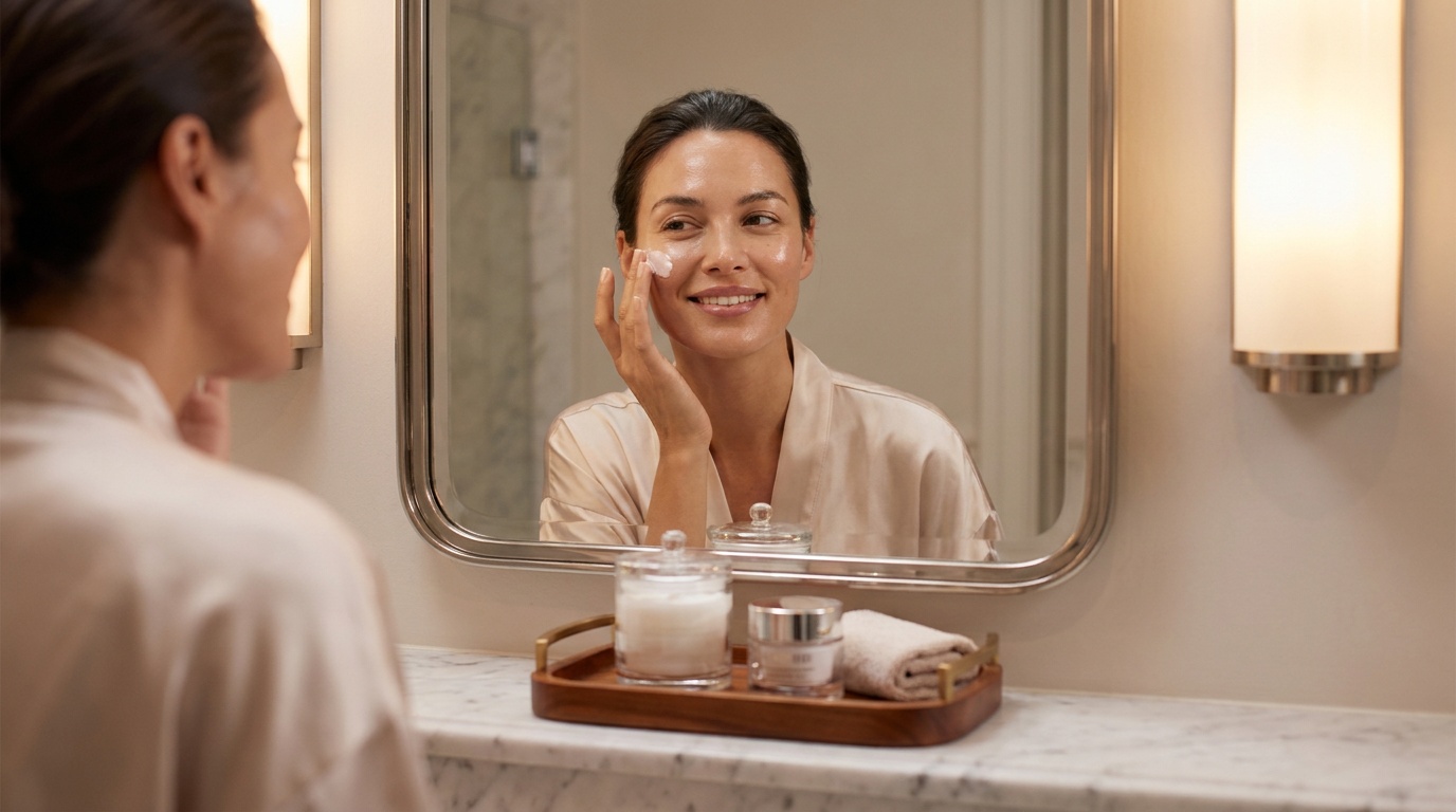 Beautiful woman applying moisturizer during her skincare routine