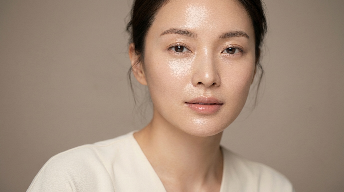 Close-up of a woman with glowing hydrated skin and a natural K-beauty look