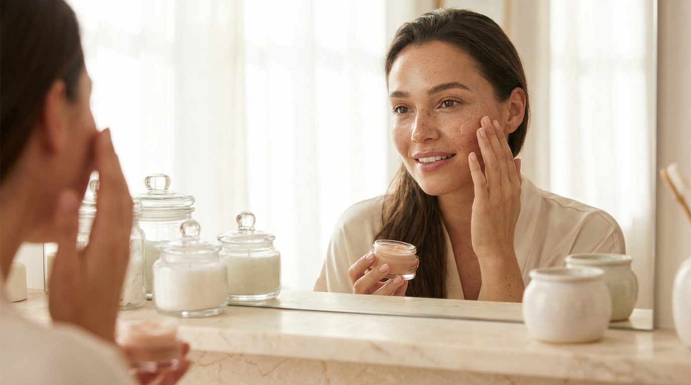 Woman applying sheer skin tint to glowing skin at a vanity.