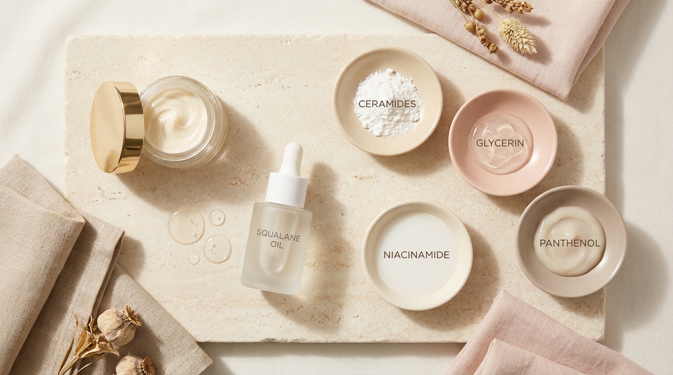 Barrier-supporting moisturizers and serums arranged on ivory stone.