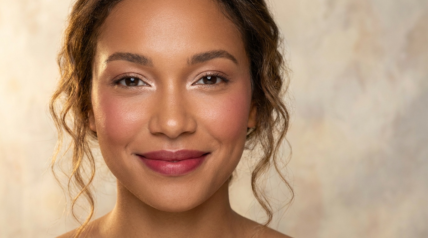 Woman wearing glowing skin, diffused blush, blurred lips, and subtle shimmer.
