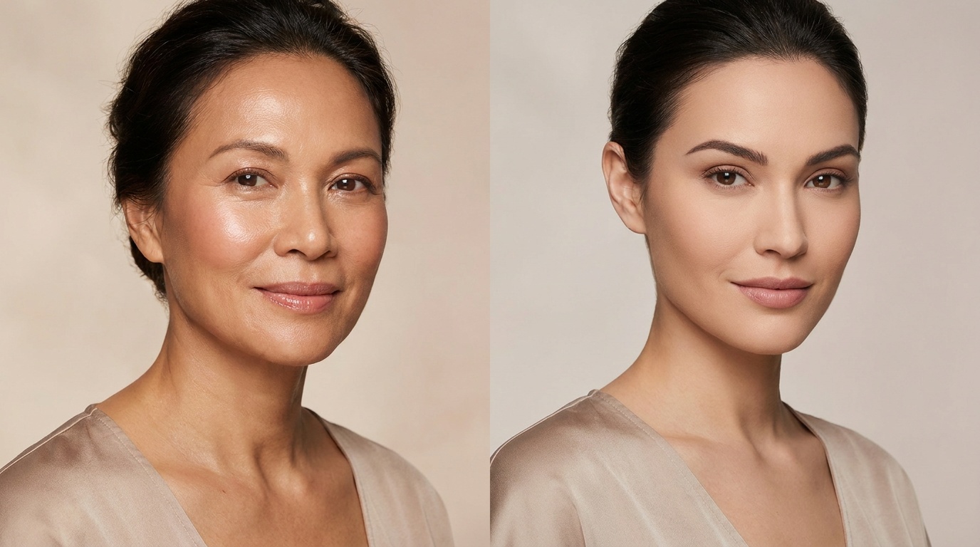 Two women showing dewy cream and matte powder makeup finishes.