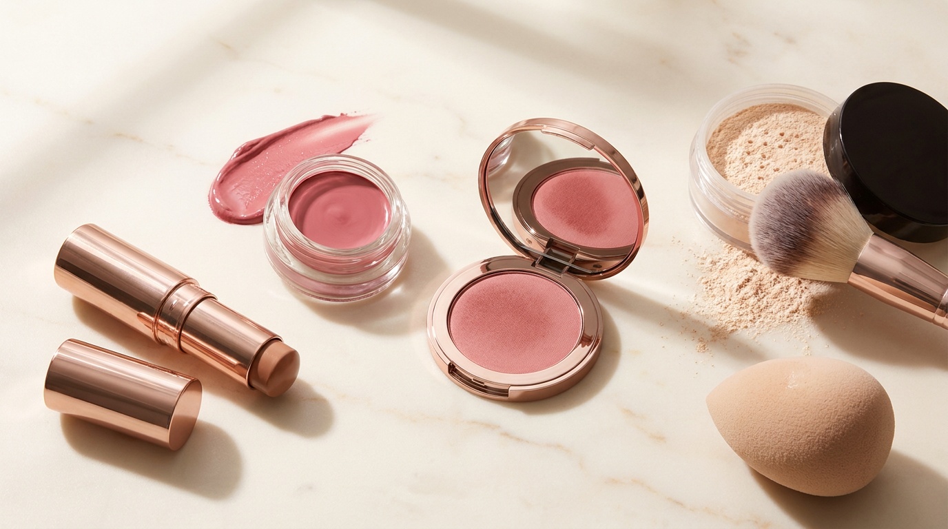 Cream and powder makeup products with contrasting texture swatches.