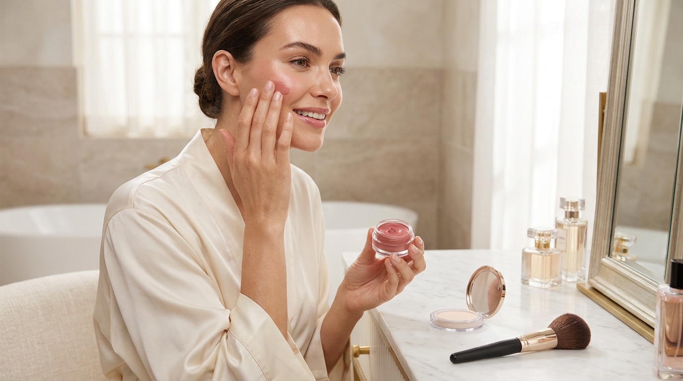 Woman applying cream blush before setting selected areas with powder.