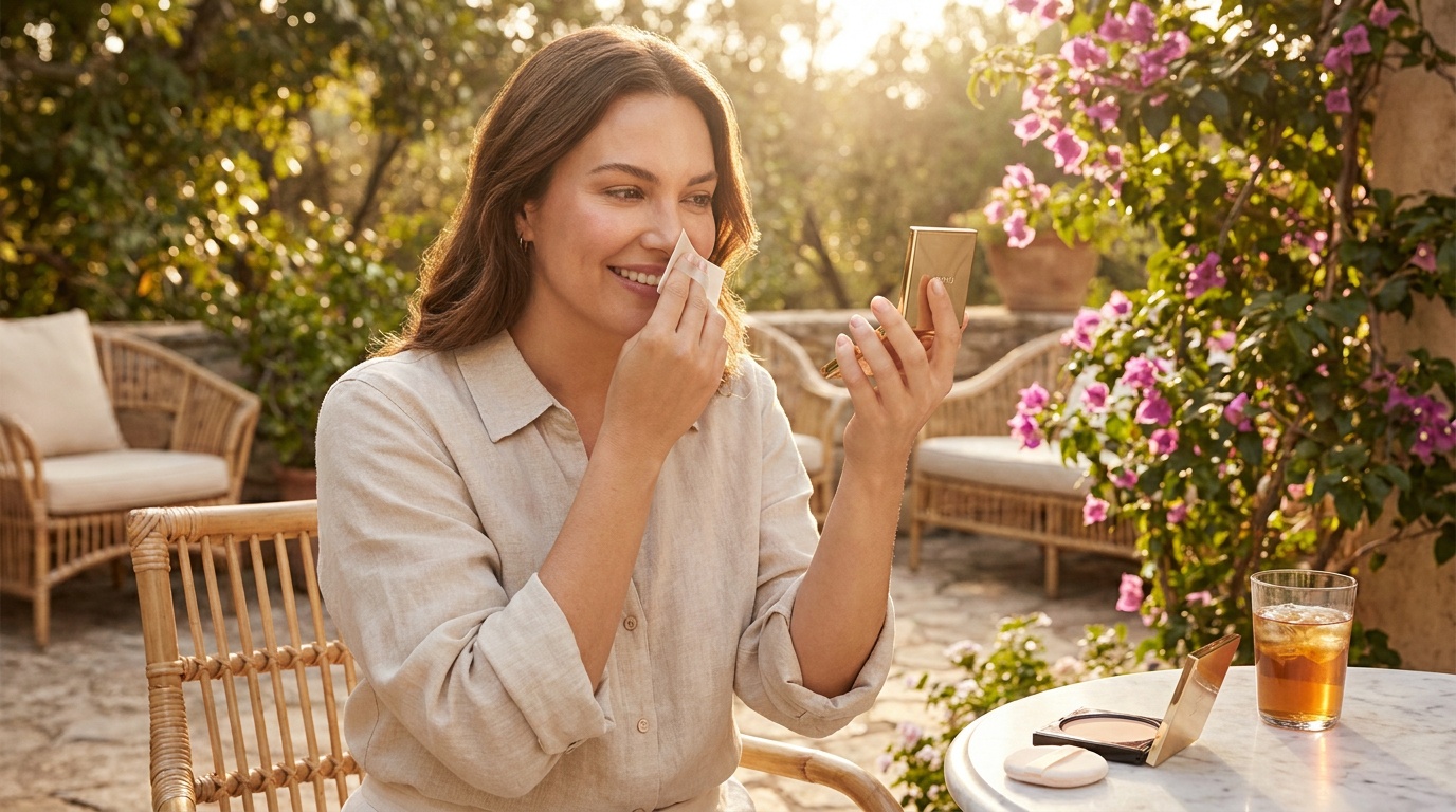 Woman checking long-wear powder makeup in warm, humid weather.