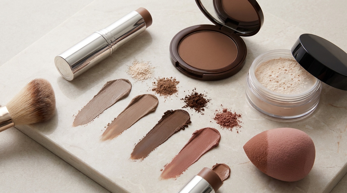 Cream and powder contour products with tools, textures, and neutral shade swatches.