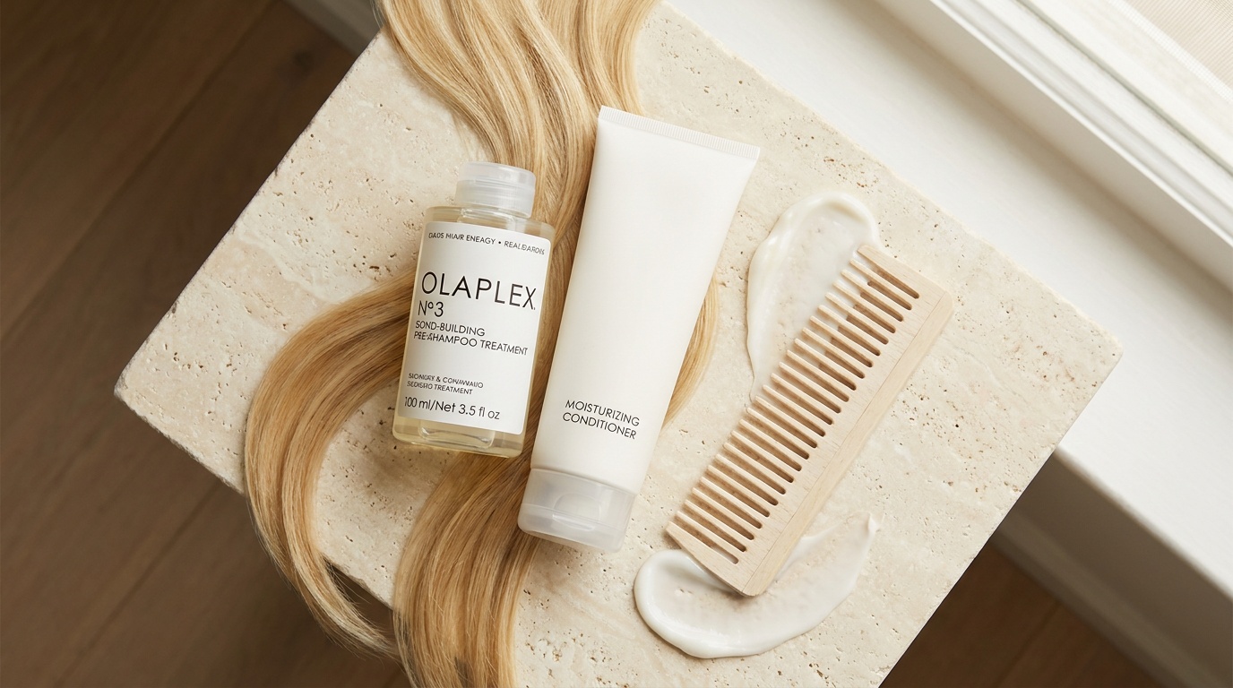 Olaplex bond treatment, conditioner, and wide-tooth comb arranged on an ivory surface.