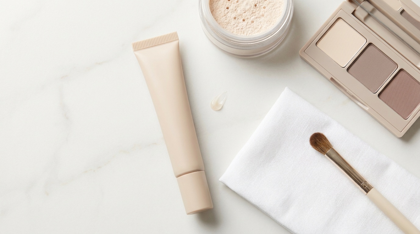 Eye primer, powder, brush, tissue, and neutral eyeshadows arranged on a marble vanity.