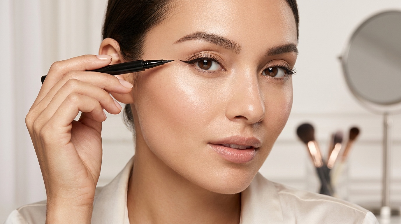 Close-up of a woman creating a thin lifted batwing liner on a hooded eye.