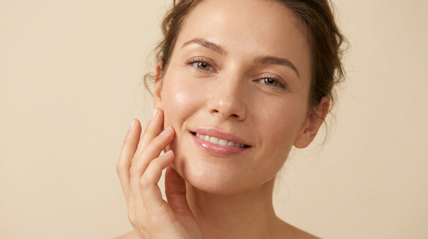 Woman with bright, even-toned, glowing skin touching her cheek.