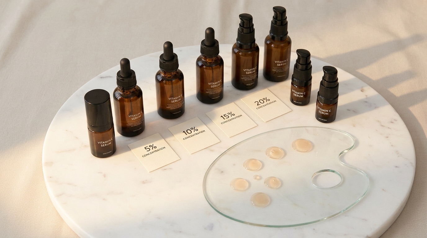 Vitamin C serums in dark bottles with concentration labels and texture samples.