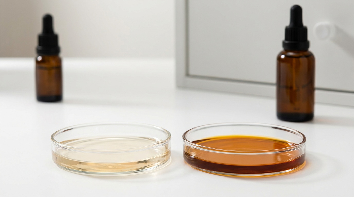 Fresh pale vitamin C serum compared with oxidized dark orange-brown serum.