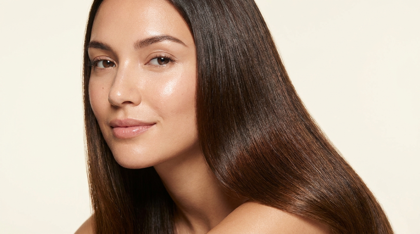 Close-up of a woman with glowing skin and smooth, shiny hair
