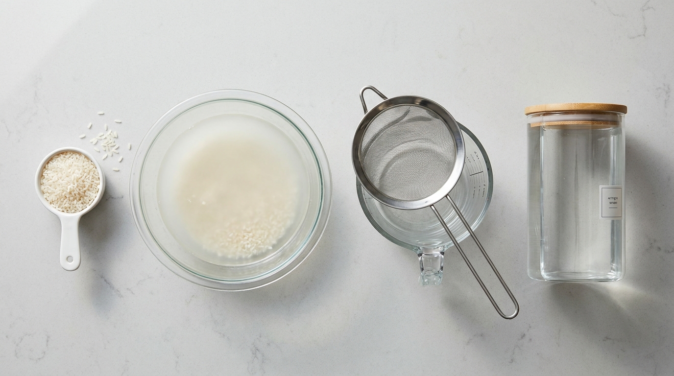Rice, cloudy soaking water, strainer, and container for preparing a rice-water rinse