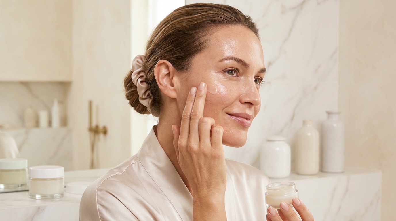 Woman applying a thin layer of petrolatum over her nighttime skincare.