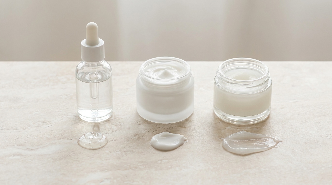 Serum, moisturizer, and petrolatum with texture swatches showing the layers of a slugging routine.