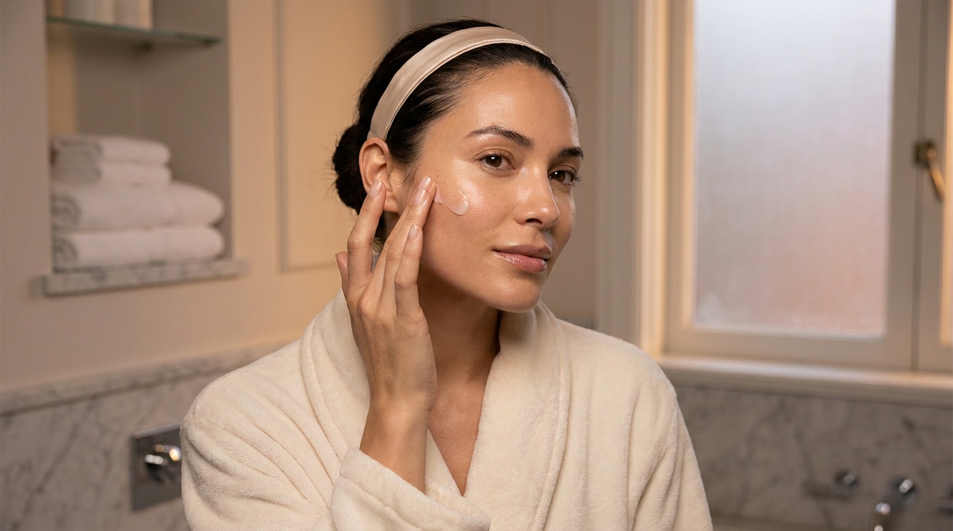Woman pressing a small amount of occlusive ointment onto moisturized skin.