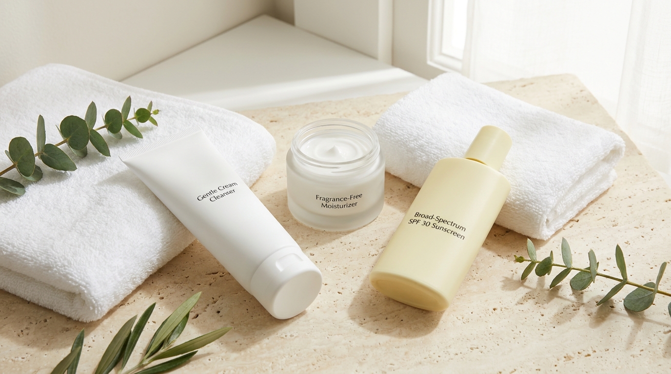 Gentle cleanser, moisturizer, and SPF 30 sunscreen arranged in a minimalist flatlay.