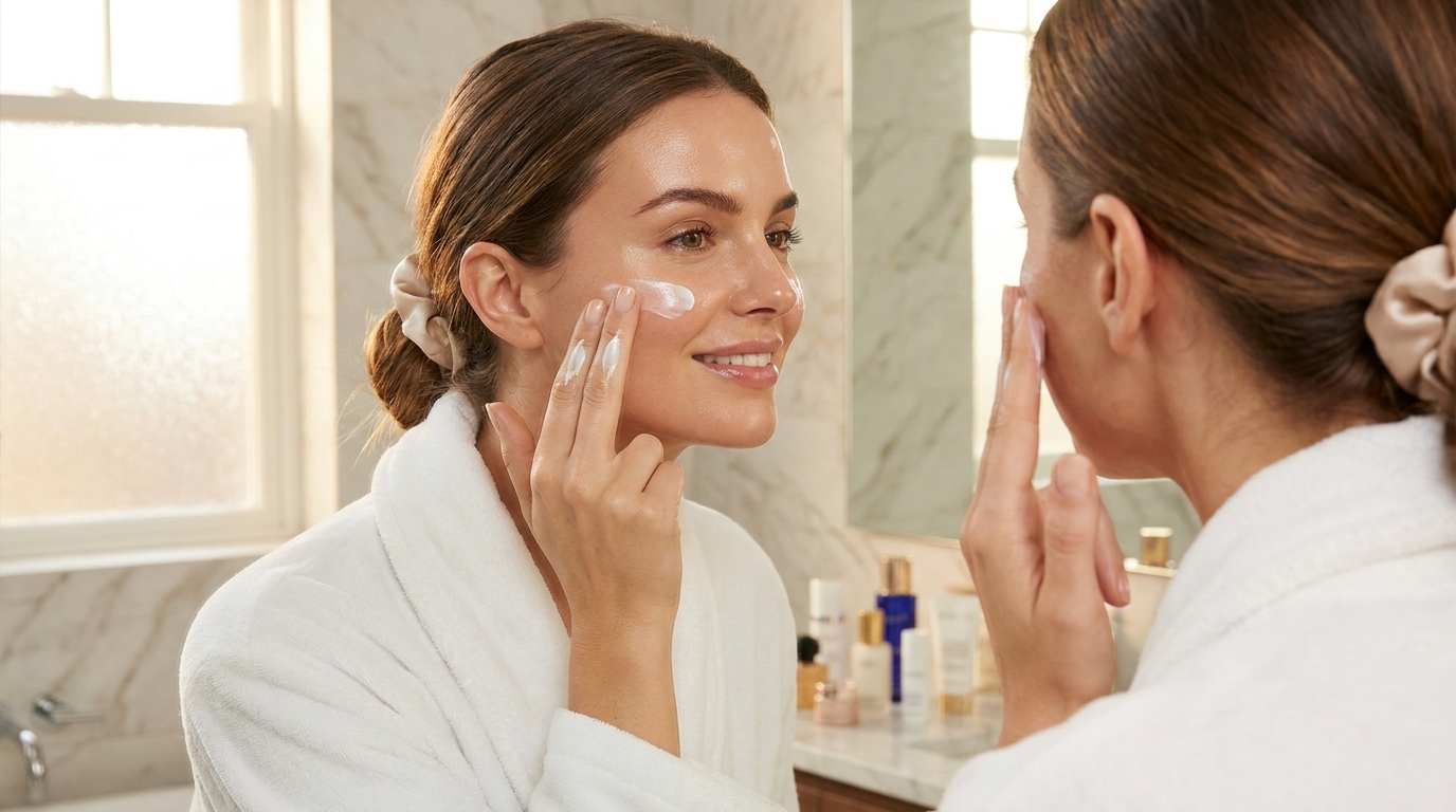 Woman applying sunscreen to her face during a simple morning routine.