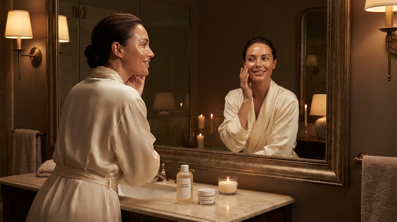 Woman admiring her moisturized skin in the mirror during a simple nighttime routine.