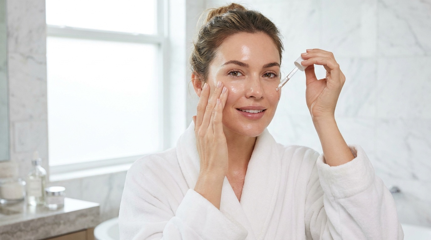 Woman applying hydrating serum to glowing skin in a bright bathroom.