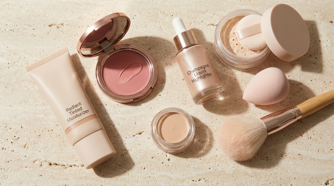 Flatlay of tinted moisturizer, cream blush, liquid highlighter, concealer, powder, and applicators.
