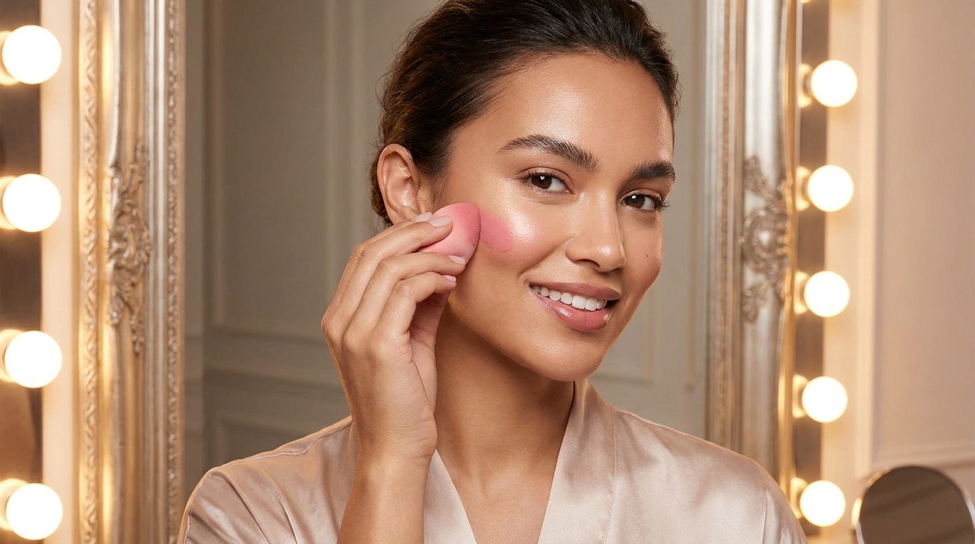 Woman blending cream blush into a naturally dewy makeup look.
