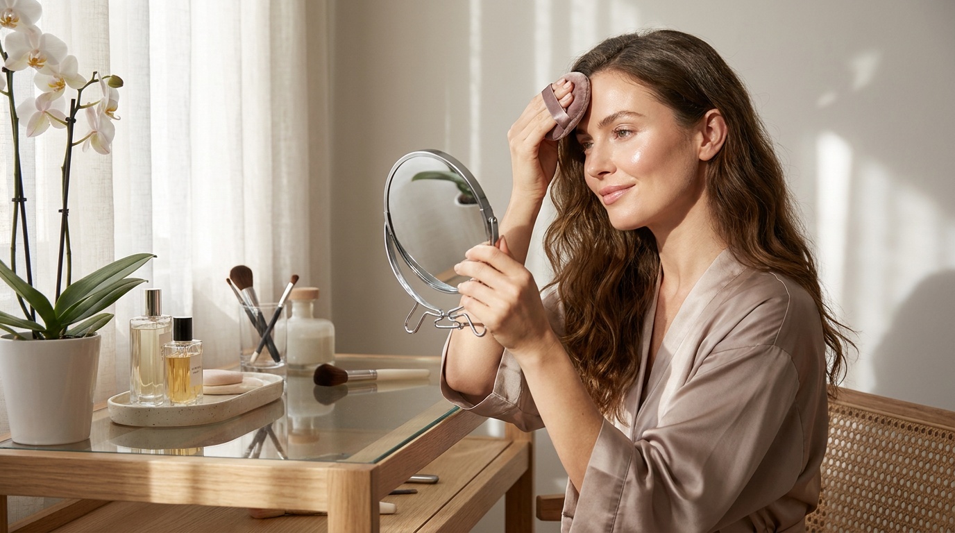 Woman blotting her T-zone while keeping her cheekbones dewy.