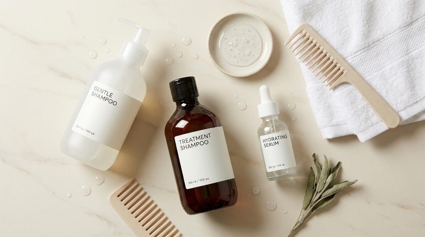Flatlay of gentle shampoo, treatment shampoo, scalp serum, comb, and towel.