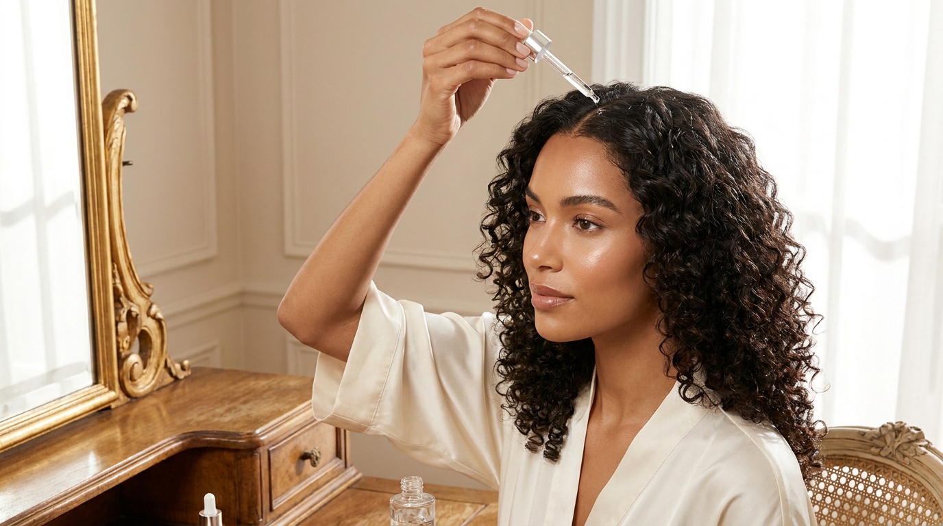 Woman applying hydrating serum along a part in her healthy curly hair.