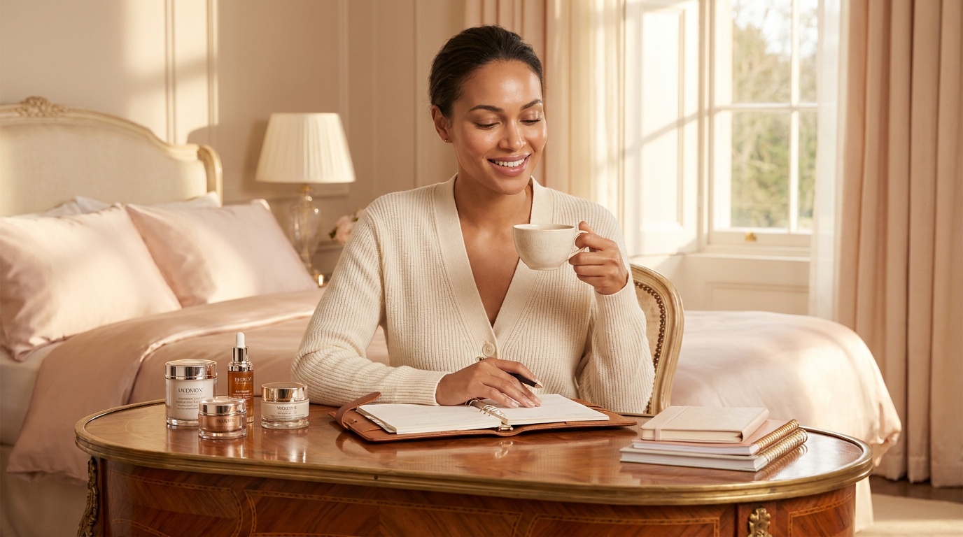 Woman reviewing her planner at a vanity with tea and skincare products.