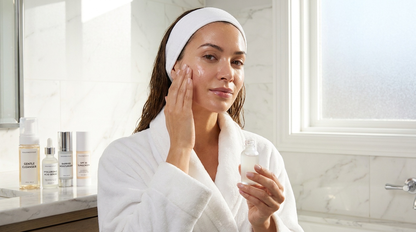 Woman applying hydrating serum during a gentle Sunday skincare routine.