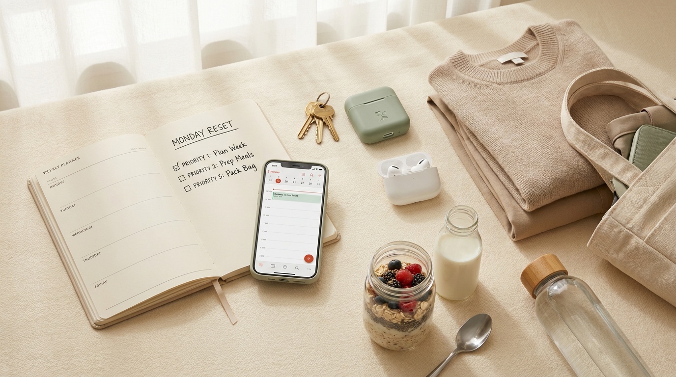 Planner, work essentials, outfit, and breakfast items prepared for Monday.