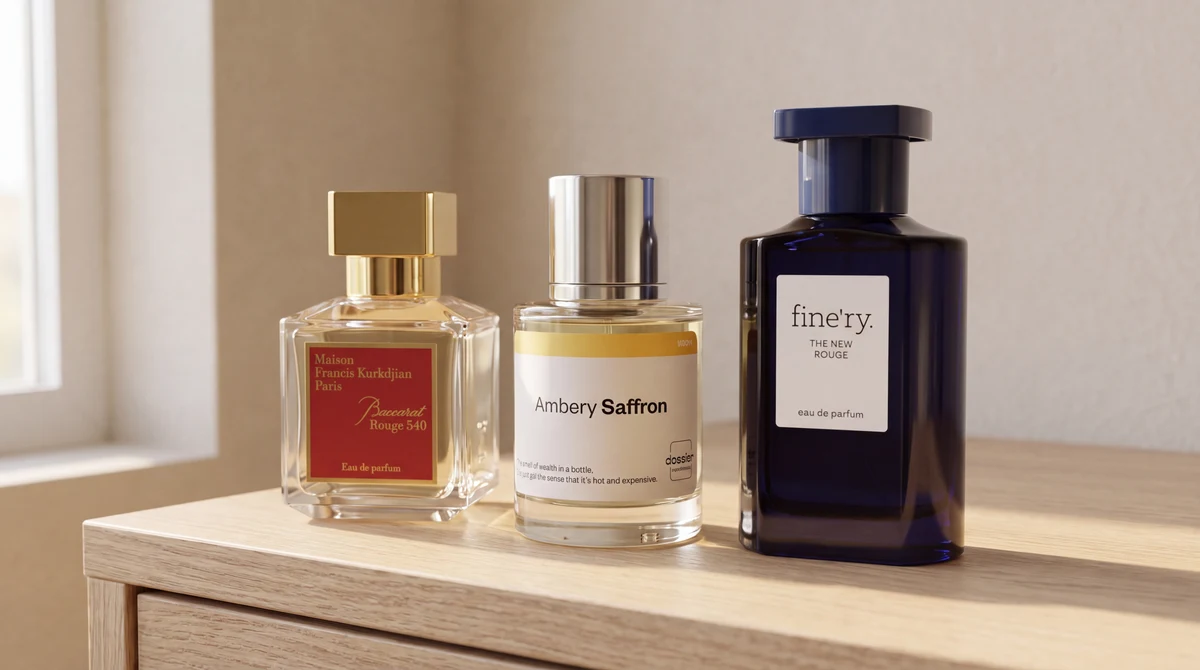 Baccarat Rouge 540 EDP, Dossier Ambery Saffron and Fine'ry The New Rouge on a dresser