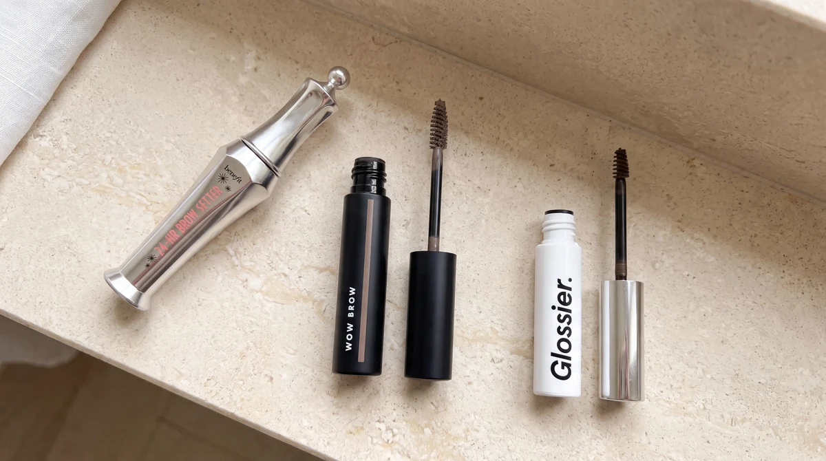 Benefit, e.l.f. and Glossier brow products on a stone bathroom shelf