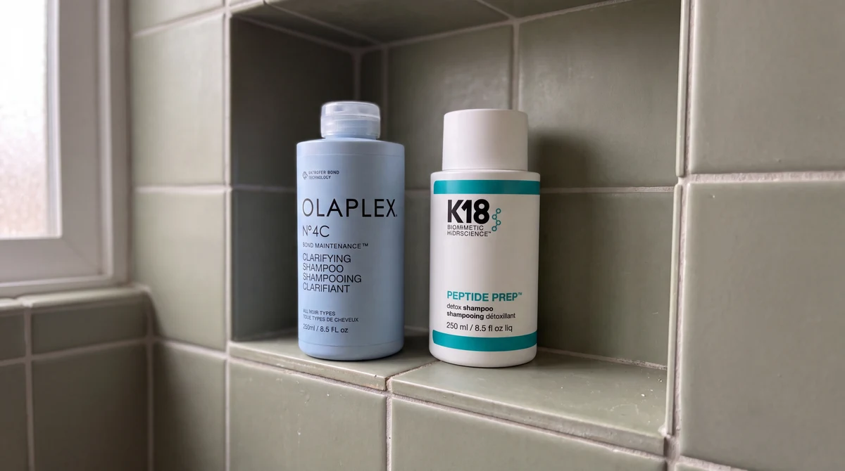 Olaplex No.4C and K18 PEPTIDE PREP detox shampoos on a green-tiled bathroom ledge