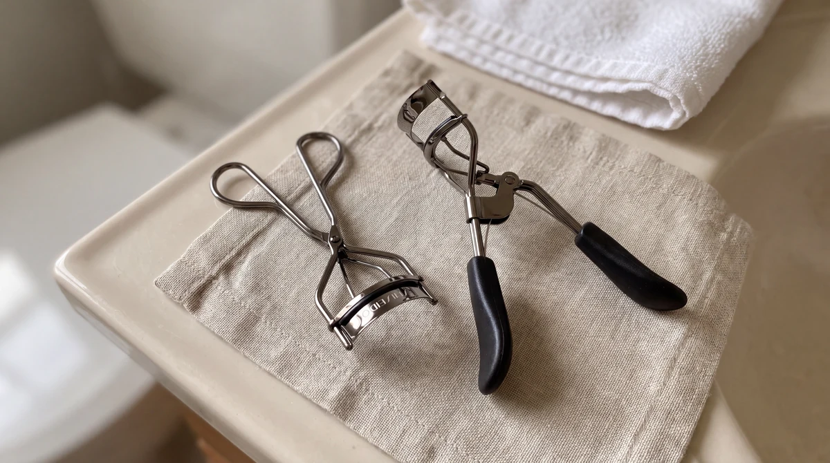 Shiseido and e.l.f. Pro eyelash curlers on a linen mat