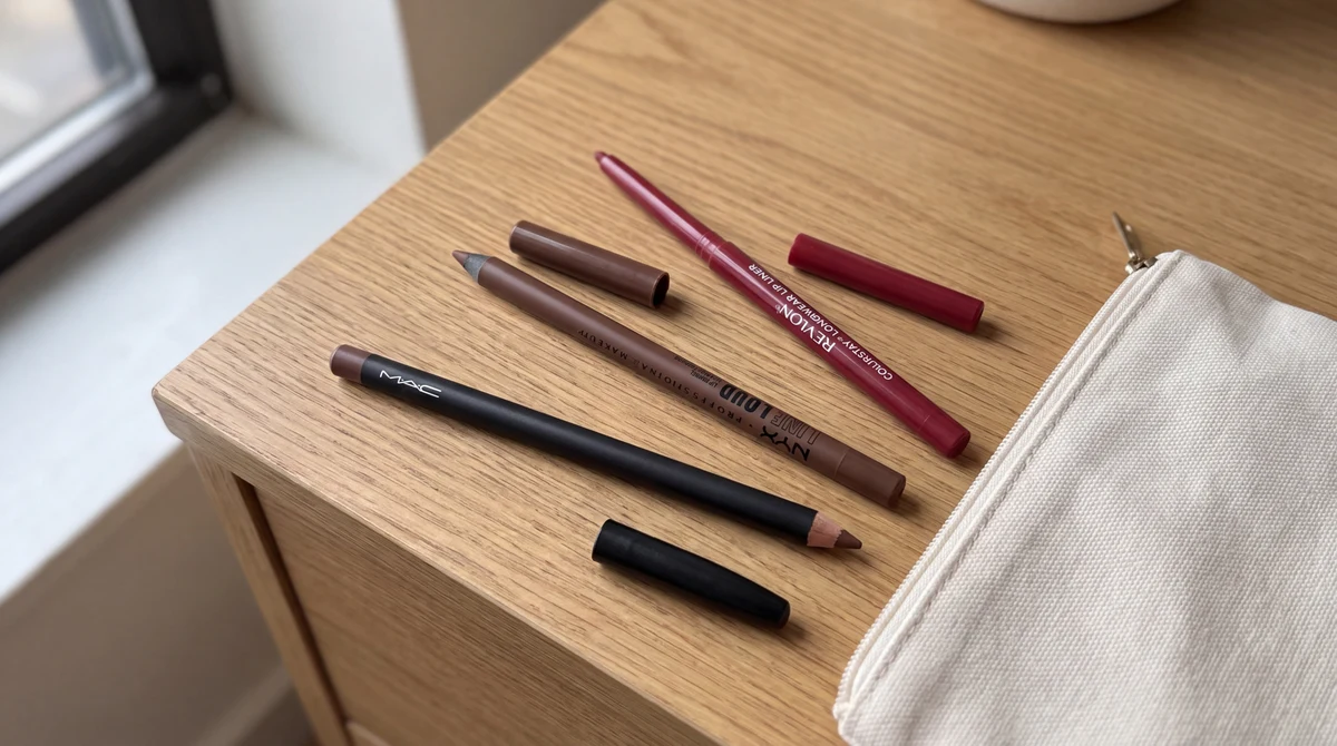 MAC, NYX and Revlon lip pencils beside a canvas makeup bag