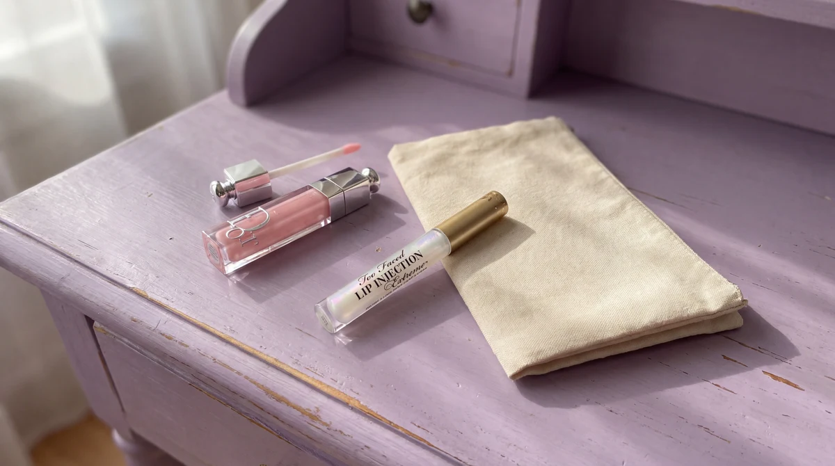 Dior Lip Maximizer and Too Faced Lip Injection Extreme beside a cream pouch on a lilac dressing table