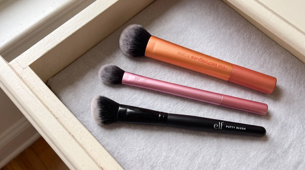 Real Techniques and e.l.f. makeup brushes inside a cream vanity drawer
