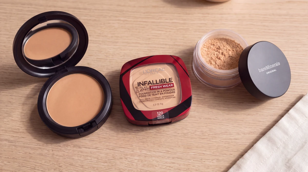 MAC, L'Oréal and bareMinerals powder foundations on a wooden dressing table