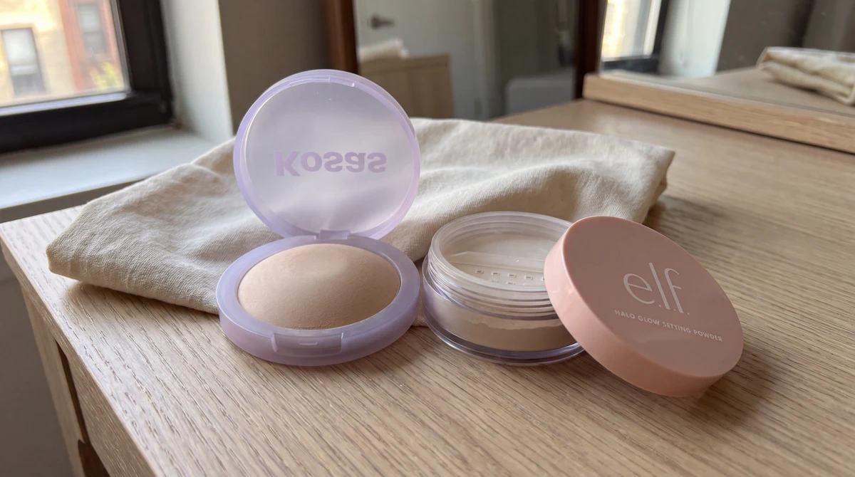 Kosas Cloud Set and e.l.f. Halo Glow setting powders on a dressing table