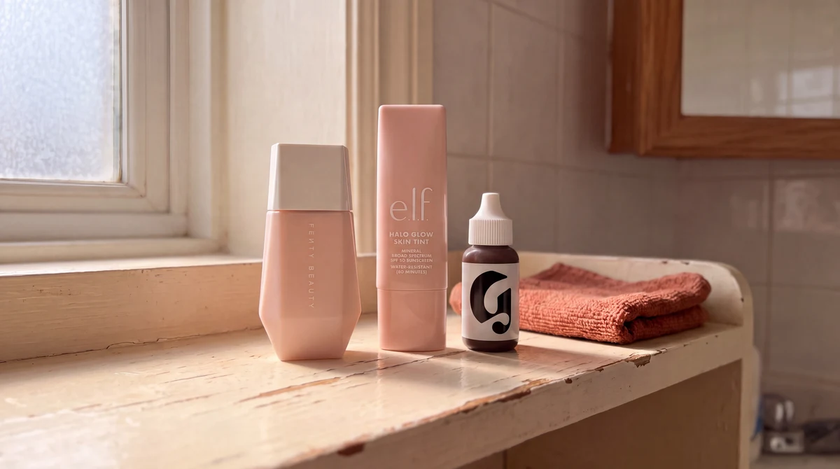 Fenty, e.l.f. and Glossier skin tints on an apartment bathroom shelf