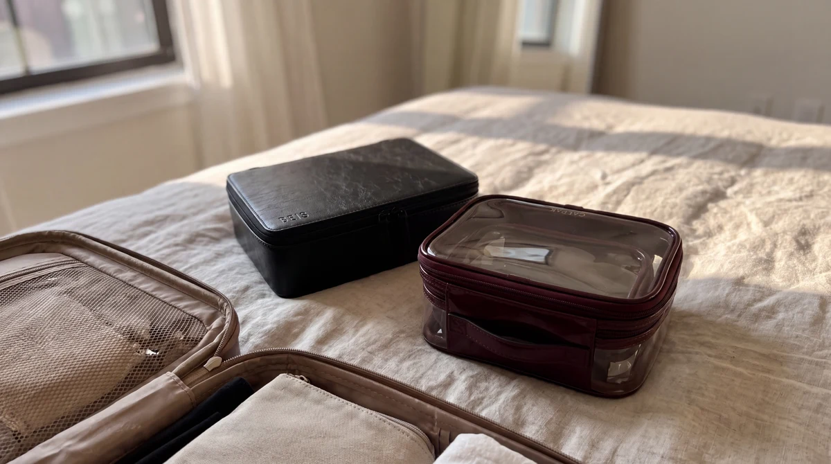 Black BÉIS and burgundy CALPAK makeup cases on a bed beside an open suitcase