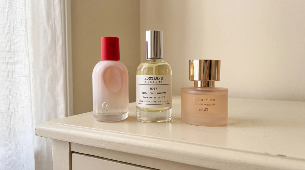 Glossier You, Montagne Moi? and MIX:BAR Cloud Musk on an apartment dresser
