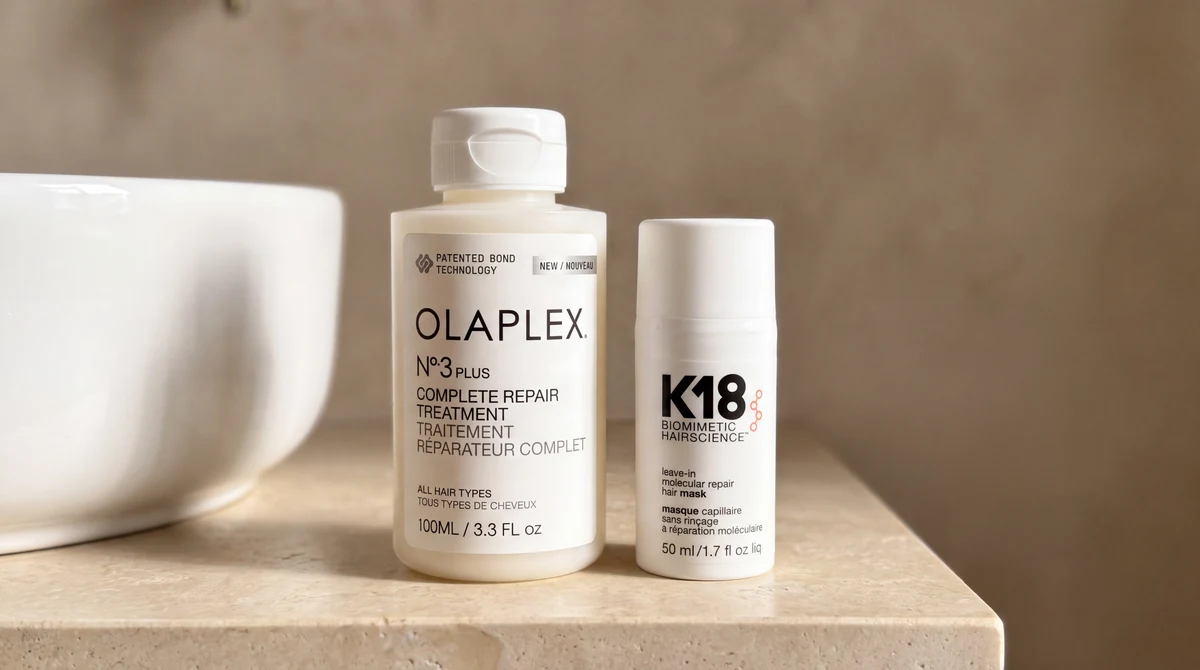Olaplex No.3PLUS and K18 hair mask on an apartment bathroom vanity