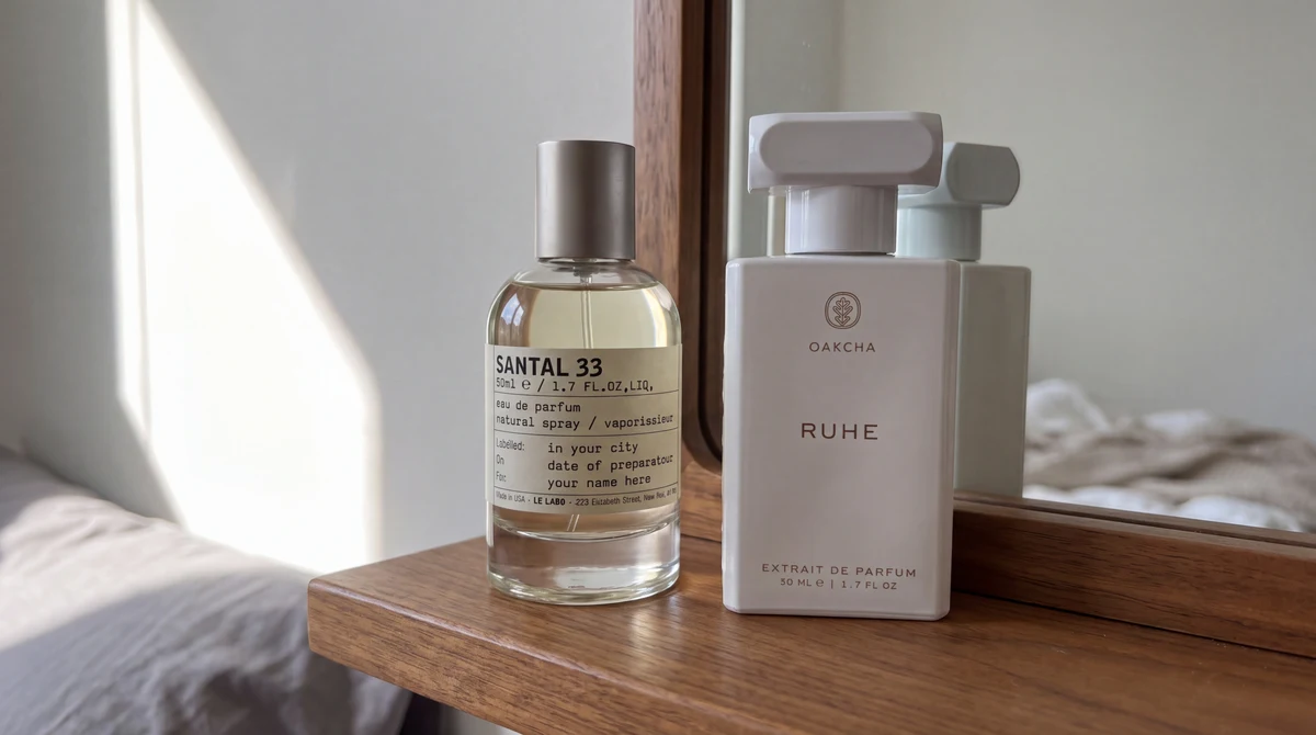 Le Labo Santal 33 and Oakcha Ruhe perfume bottles on a wooden shelf in front of a mirror