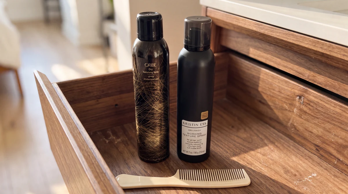 Oribe and Kristin Ess texturizing sprays with a comb inside an open wooden drawer