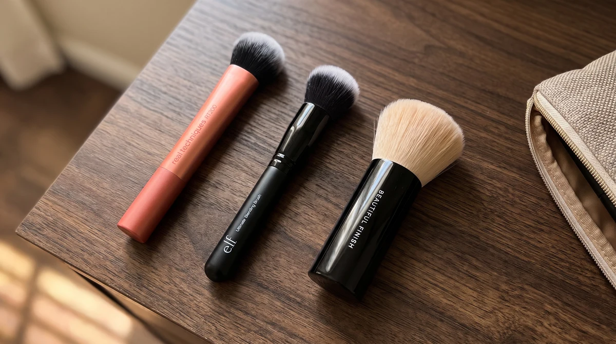 Real Techniques, e.l.f. and bareMinerals foundation brushes on a walnut dressing table